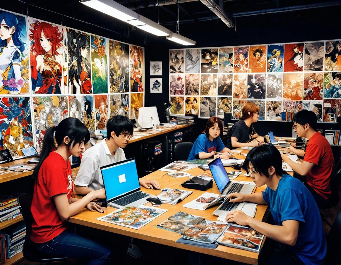 A captivating scene featuring a diverse group of manga artists in a vibrant studio, surrounded by colorful illustrations of adult manga and hentai comics. Show dynamic expressions and imaginative art styles, with a focus on intricate details of their artwork. Incorporate elements of creativity, passion, and artistry, blending traditional and modern influences. The atmosphere should be lively and inspiring. super-realistic. vibrant colors.