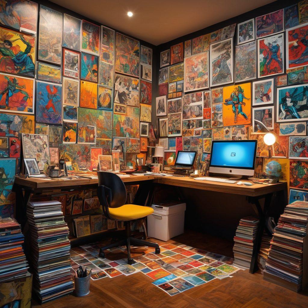 A captivating scene depicting a vibrant comic book artist's studio, filled with colorful explicit comic pages. The walls adorned with iconic comic book covers, blending fantasy elements with realistic textures. An artist passionately illustrating at their workstation, immersed in a world where imagination meets mature themes. Subtle nods to cultural symbols in the background, hinting at the deeper significance of this art form. ultra-detailed, vivid colors, modern style.
