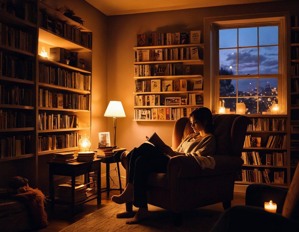 A visually inviting scene depicting a cozy, dimly lit room filled with manga art on the walls. A plush chair is surrounded by scattered fascinating adult manga books, with soft candlelight casting warm glows. A silhouette of a person is seen deeply engaged in reading, while soft petals from a nearby vase drift through the air, suggesting intimacy and allure. The overall atmosphere is serene yet seductive, capturing the essence of adult storytelling. super-realistic. warm colors. cozy ambiance.